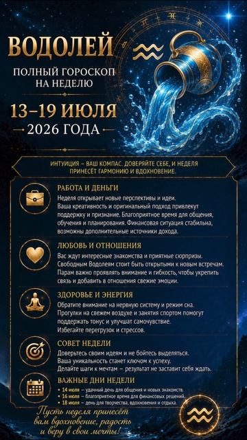 Водолей. Полный гороскоп на неделю ( 13.07-19.07 2026 года)