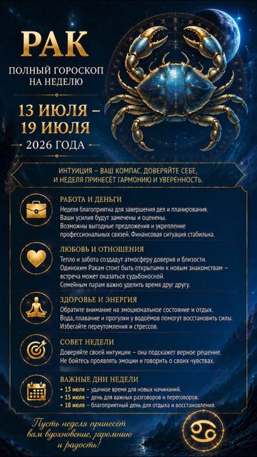 Рак. Полный горосокп на неделю (13.07-19.07 2026 года)