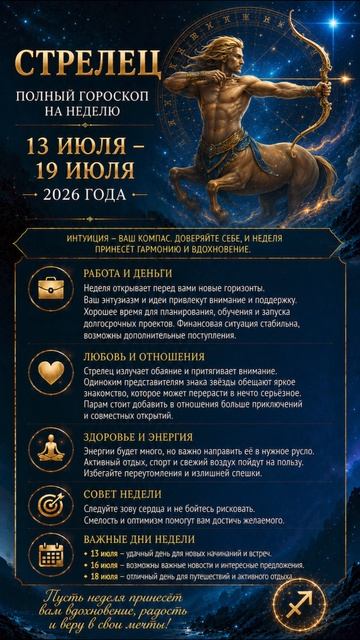 Стрелец. Полный гороскоп на неделю (13.07-19.07 2026 года)