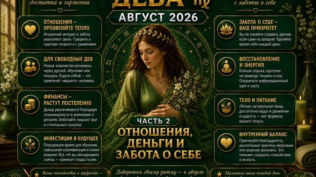 Дева на август 2026. Часть 2 — Отношения, деньги и забота о себе