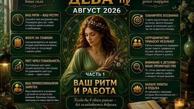 Дева на август 2026. Часть 1 — Ваш ритм и работа