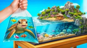 Мы построили аквариум для черепахи и рыбок. Веселые приключения животных