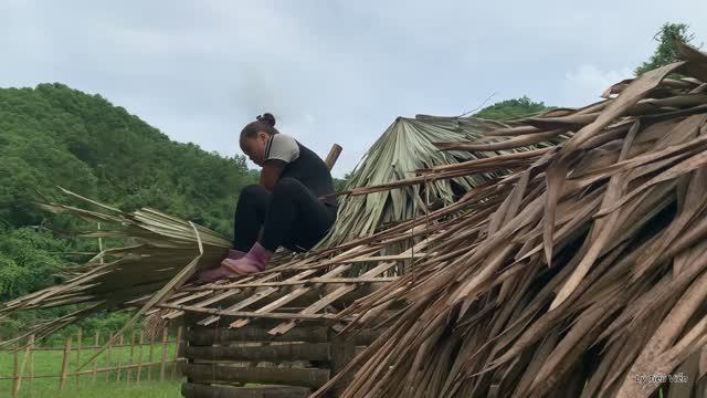 Девочка мастерит домик из бамбука для милых кроликов 🐇