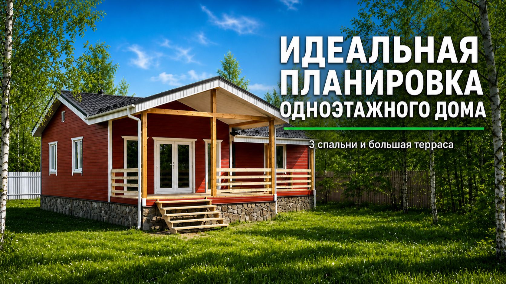 Каркасный одноэтажный дом 11 × 9,5 м с удобной семейной планировкой.