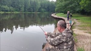 Вываживание карпа на маховую снасть. Клёвое место, Лосиный остров, верхний водоём.