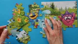 СМЕШАРИКИ - КРОШ ЕЖИК И КАРКАРЫЧ ИГРАЮТ С МЯЧОМ СОБИРАЕМ ПАЗЛЫ