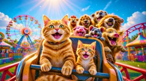 Мама кошка и котёнок пошли в парк атракционов. Милые ИИ мультики для детей