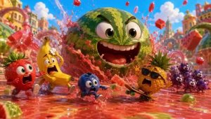Мультик! Живые фрукты и гигантский арбуз!🍉🍌🍓🍇.  Невероятно весёлая приятная ИИ-анимация