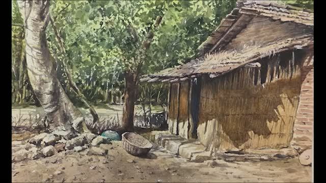 Рисуем акварелью. Картина «Старый дом, дерево, скалы и солнечный свет» 🌳 смотреть онлайн