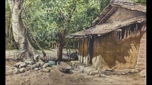 Рисуем акварелью. Картина «Старый дом, дерево, скалы и солнечный свет» 🌳