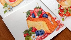Нарисуем акварелью 4 клубничных десерта / Акварельный скетчинг