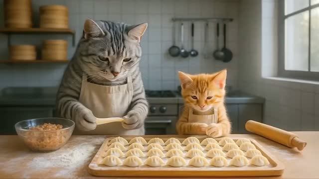 Кошка мама и котенок лепят пельмени.