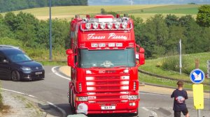 Truckshow Ciney 2025 Part 2 with Sarantos, Scania V8 open pipes sound and custom semi Trucks