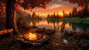 УЮТНЫЙ ОСЕННИЙ ВЕЧЕР У ЛЕСНОГО ОЗЕРА 🍁🔥 ЗВУКИ КОСТРА И ПРИРОДЫ ДЛЯ РАССЛАБЛЕНИЯ