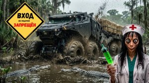 Огромный грузовик с колесной формулой 8x8 застрял в болоте с крокодилами!