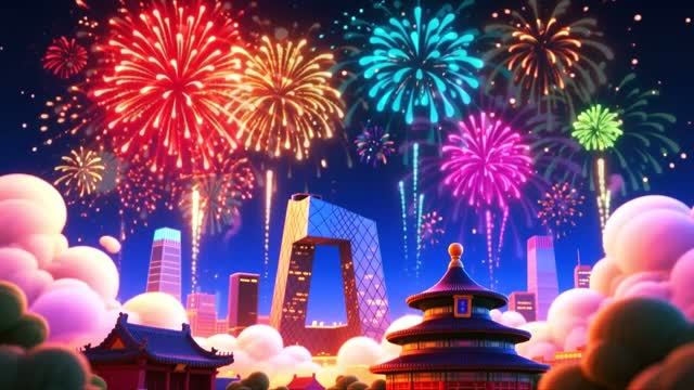 Яркий мультяшный салют над городом 🎆✨ Облака и огни. Сделано в AI смотреть онлайн