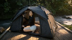 Одинокая девушка в походе под проливным дождем. Уютный лес, звуки реки и приготовление еды на костре