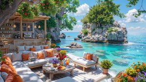 ЛЕТНИЙ ДЖАЗ В СКАЛИСТОМ КАФЕ У МОРЯ 🌊☀️ СПОКОЙНАЯ МУЗЫКА ДЛЯ ОТДЫХА