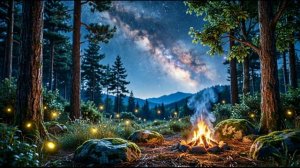 Звуки ночного леса с костром 🌲 Релакс для сна⭐  60 минут расслабляющих природных звуков для сна