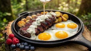 Стейк с сочным чесночным маслом, хрустящим картофелем и соусом из голубого сыра.