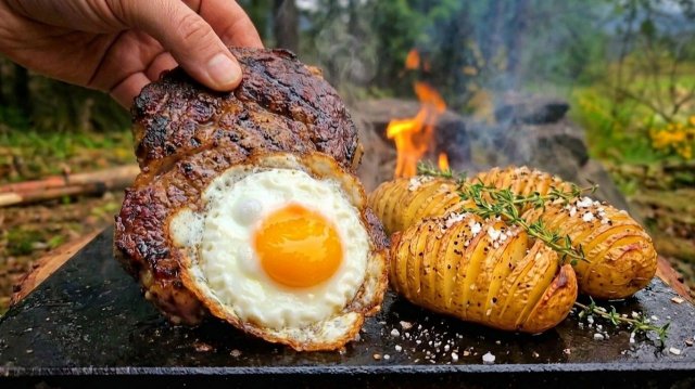 Стейк с яйцами на горячем камне и хрустящий картофель, приготовленный в лесу Стейк с яйцами на горячем камне и хрустящий картофель, приготовленный в лесу