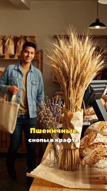 Витрина пекарни на снопах пшеницы — крафтовая эстетика без ухода