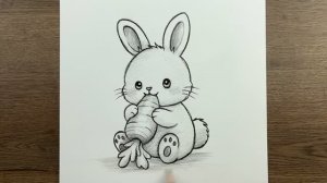 Как нарисовать милого кролика карандашом, поедающего морковку, для начинающих