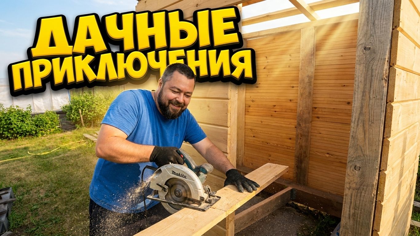 Мужские разговоры на даче под стройку. Нарезаю стропила для душа и ворчу на камазистов.
