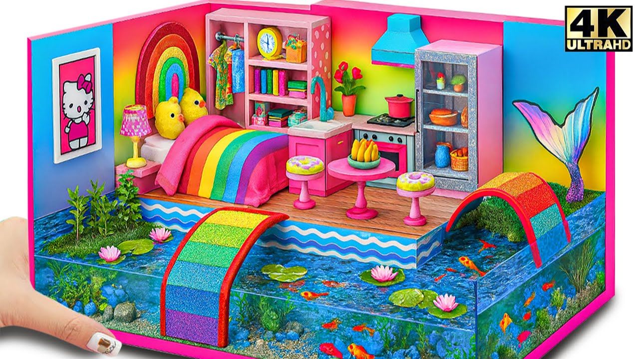 Сделайте мини-кукольный домик Rainbow Fantasy — цветная кровать, милая кухня и бассейн с рыбкам смотреть онлайн