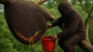Взобрался на высокое дерево за диким мёдом. Не каждый сможет