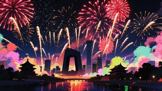 Яркий салют над Пекином! 🎆 Небо сияет разноцветными огнями. ✨🏙️