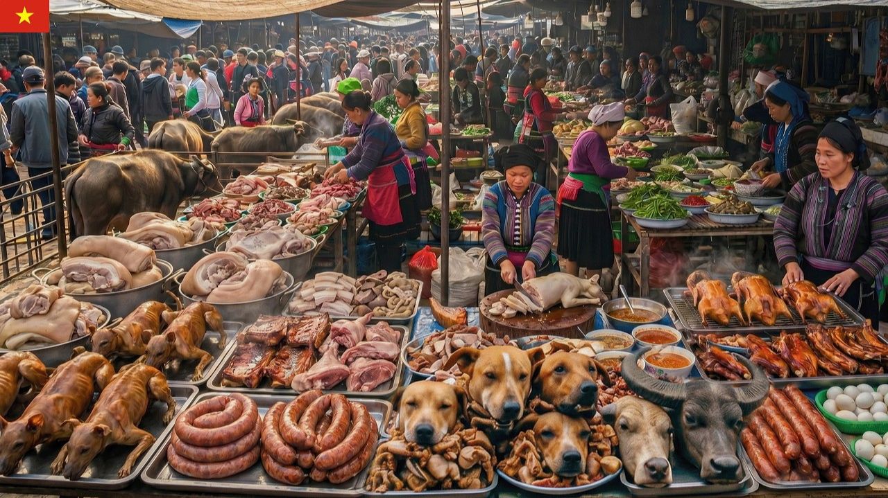 Приграничный вьетнамский продовольственный рынок | Продажа собачьего мяса, свежая свинина. смотреть онлайн