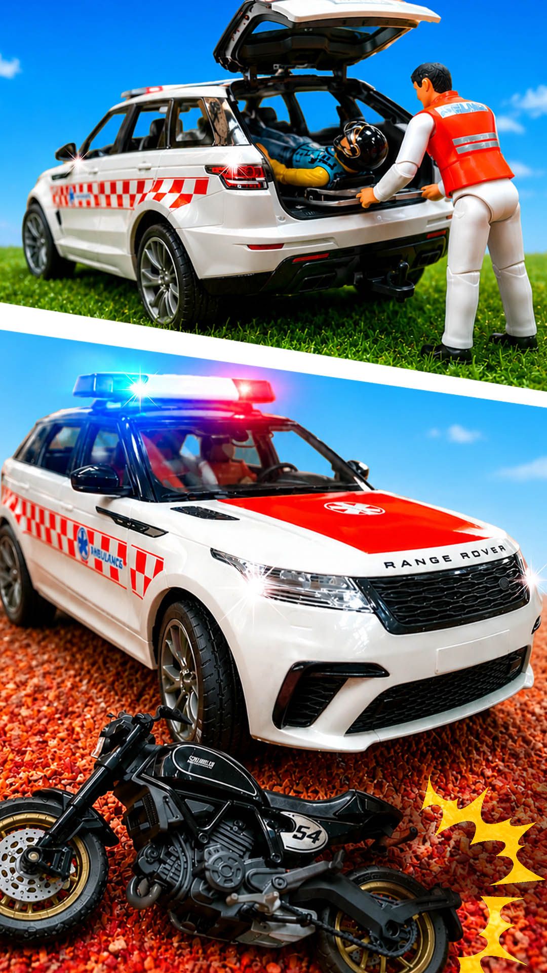 Обзор игрушек. Скорая помощь машинка Range Rover от Bruder отвозит мотоциклиста в больницу