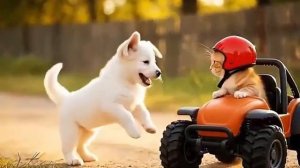 Кот играет с собакой!🐱🐶🎉