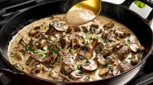 Простой рецепт говядины с чесноком и грибами в сливочном соусе