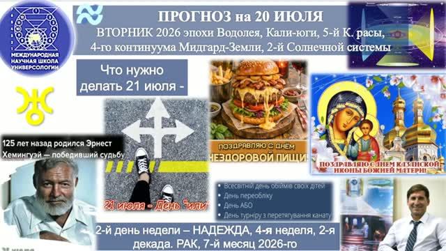 ПРОГНОЗ на 21 ИЮЛЯ, ВТОРНИК, день НАДЕЖДЫ, 2026, эпохи Водолея, 5-й К.расы 2-й Солнечной системы смотреть онлайн