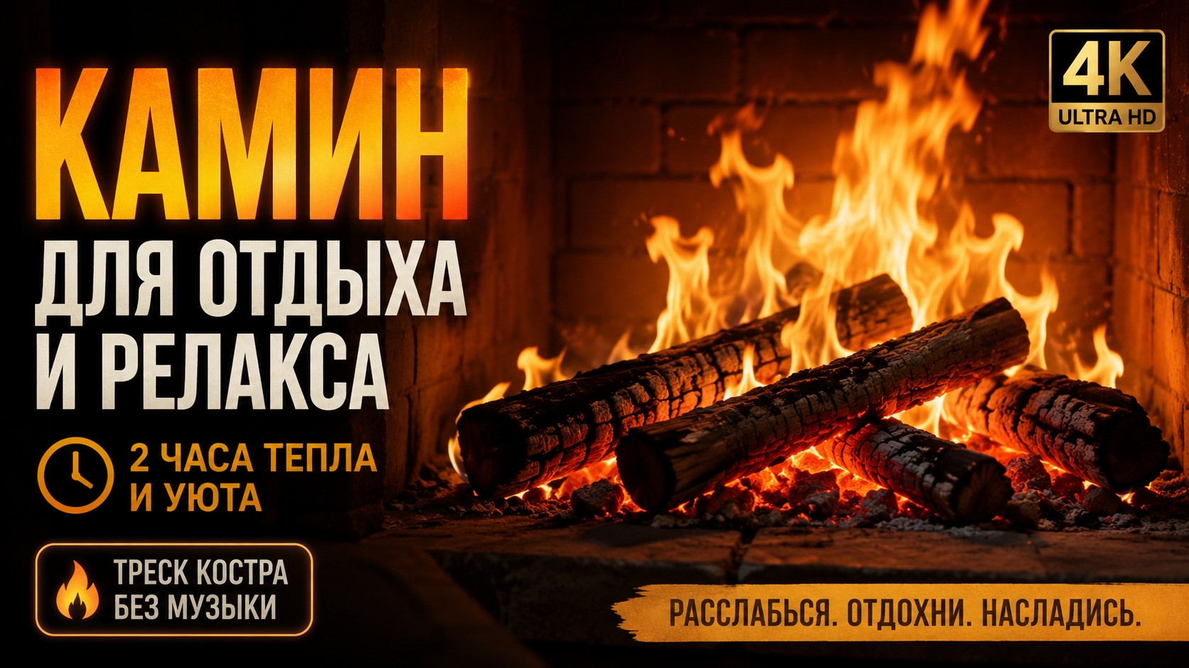 Камин 4K | 2 часа потрескивания костра без музыки | Для отдыха, сна и релакса