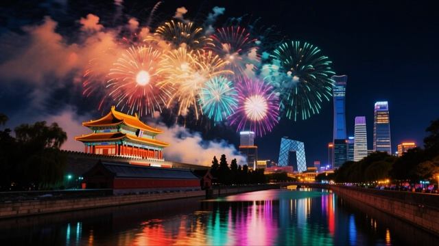 Сказочный салют над Пекином! 🎆✨ Огни отражаются в воде 🌊