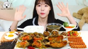 Мукбанг - морепродукты и краб и лосось - большая порция