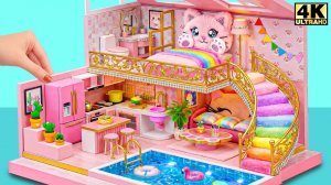 Сделайте лофт-домик Pink Kitty Cloud со спальней котенка-кошки и радужной лестницей ❤️ #Миниатю
