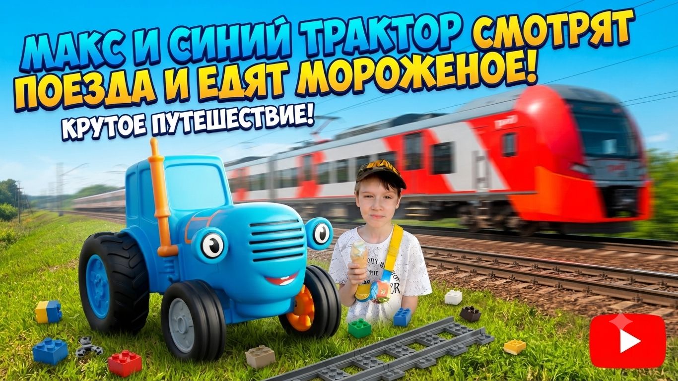 СИНИЙ ТРАКТОР И МАКС СМОТРЯТ ПОЕЗДА И ЕДЯТ МОРОЖЕНОЕ