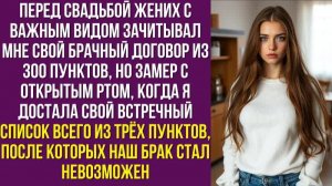 Перед свадьбой жених с важным видом зачитывал мне свой брачный договор из 300 пунктов, но замер