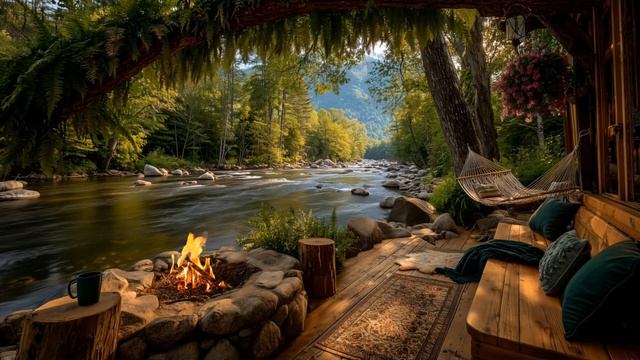ЗВУКИ ПРИРОДЫ У ЛЕСНОЙ РЕКИ 🌲🔥 ПЕНИЕ ПТИЦ И УЮТНЫЙ КОСТЁР ДЛЯ РЕЛАКСА