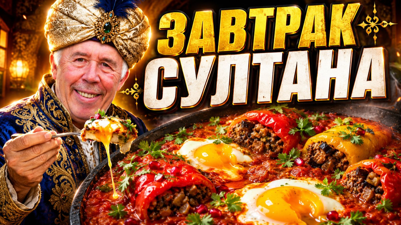 Восточный завтрак султана: Фаршированные перцы на садже в томатах с яичницей