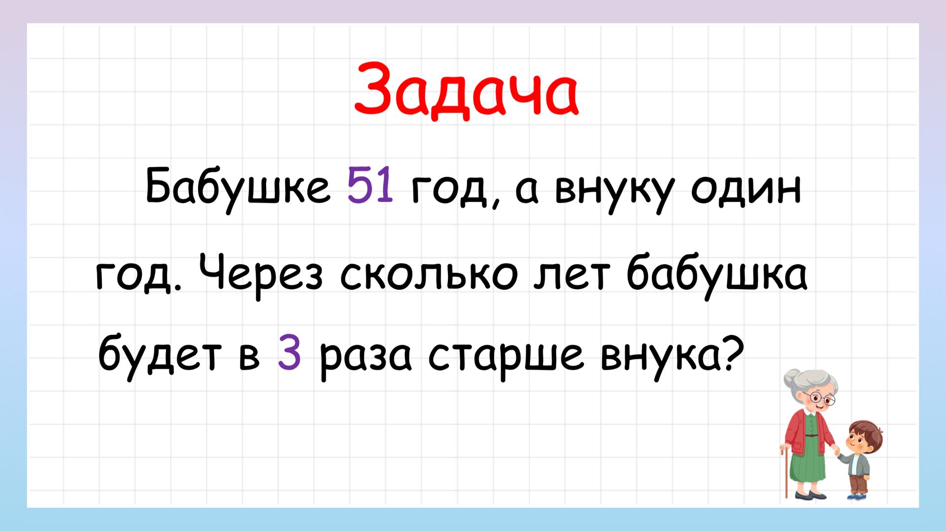 Через сколько лет бабушка будет в 3 раза старше внука?