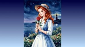 Ночной прибой, песок и море, и луна (на англ.)