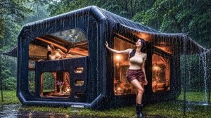 Кемпинг в сильный дождь в люксовой двухкомнатной надувной палатке.