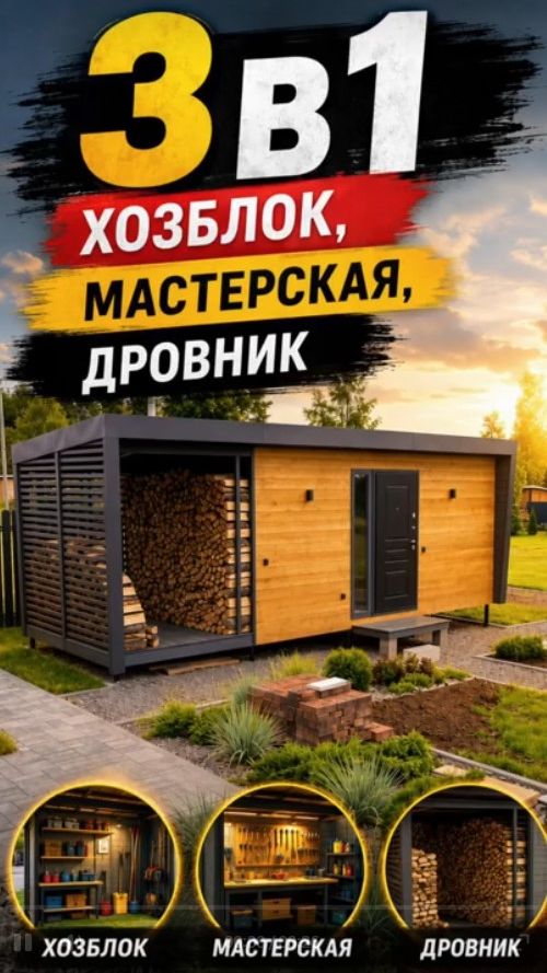 3 в 1 - хозблок, мастерская и дровник. Смотри каталог на сайте: филоненко.рус