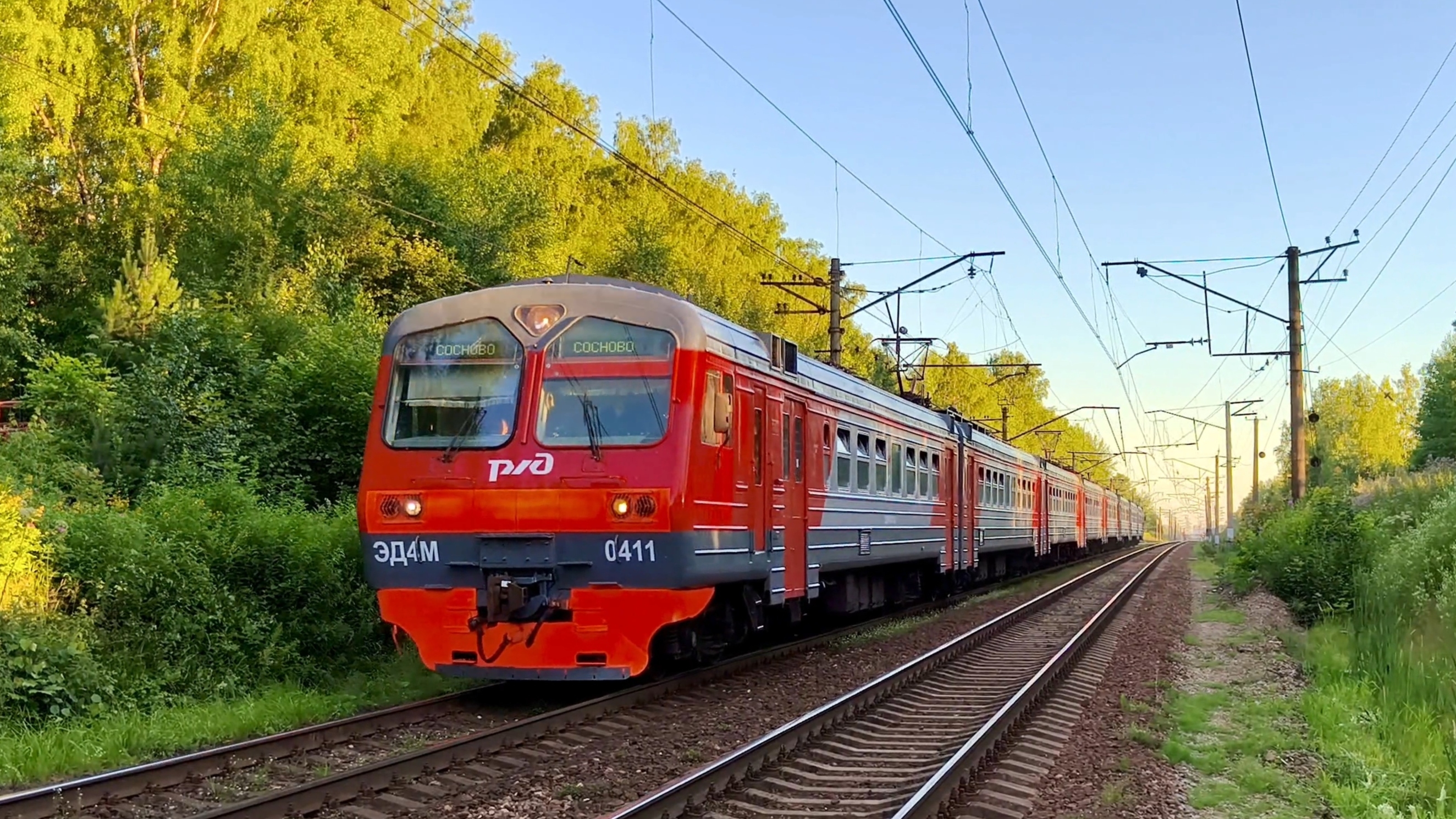 Природа и железная дорога. ЭД4М 0411 следует на перегоне Капитолово - Токсово. Пл. Кузьмолово смотреть онлайн