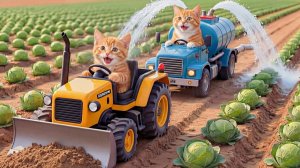 Рыжий кот помогает маме-кошке ухаживать за капустным огородом на ферме 🌱🐱 #Милая и ис